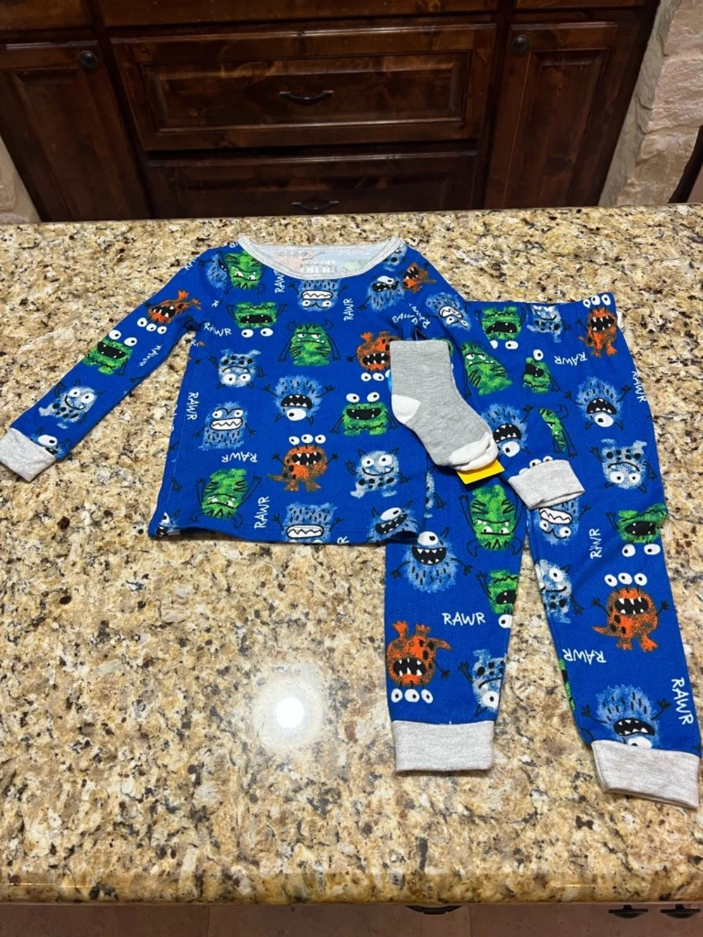 New - Kids Blue Monster Print Pajama and Sock Set | Size 3T